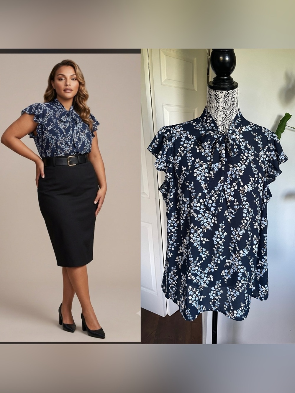 Anthropologie Plus Size Floral Lightweight Blouse Top With Neck Tie. Sz 1X Navy